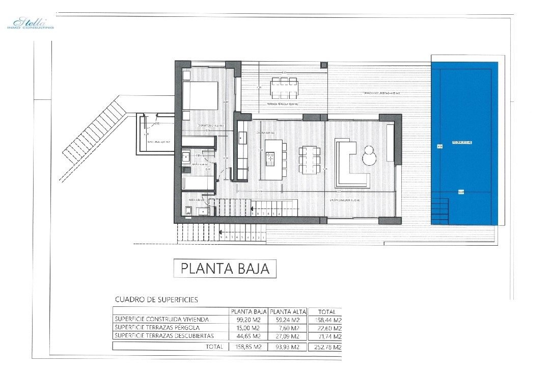 Villa in Pedreguer(Monte Solana I) te koop, woonoppervlakte 252 m², Bouwjaar 2025, Airconditioning, grondstuk 608 m², 3 slapkamer, 2 badkamer, Zwembad, ref.: UM-UV-SERPIS-15